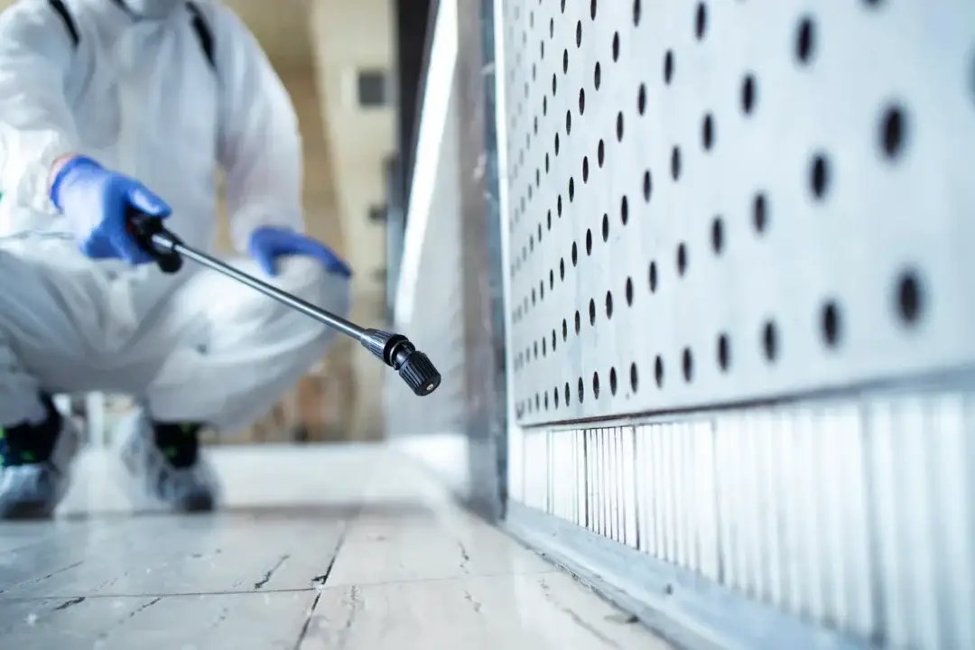 Melbuzz Pest Control technician in protective gear applying treatment to a wall, providing professional pest
