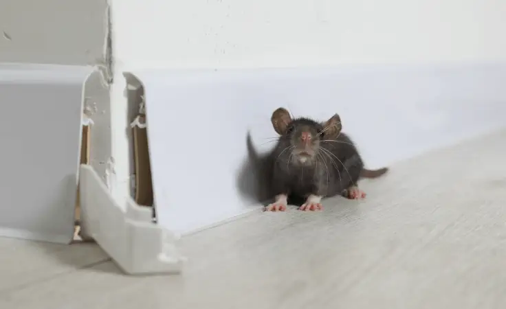 A brown rat sits near a hole in a wall, illustrating common rodent attractants