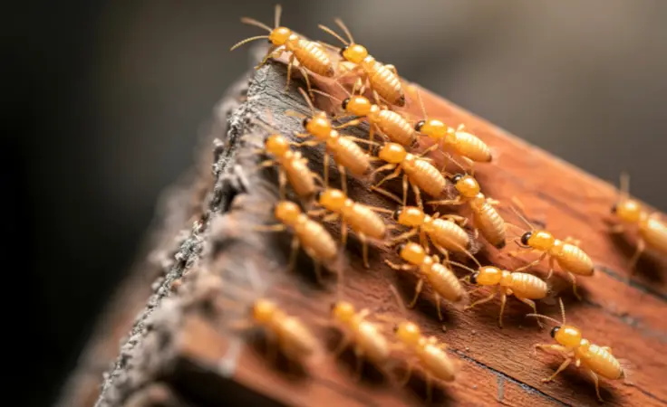 Termite infestation on wood, illustrating termite problems in Melbourne homes.