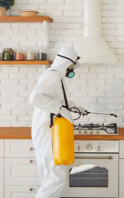 MelBuzz Pest Control technician in protective suit spraying kitchen area, demonstrating professional termite treatment