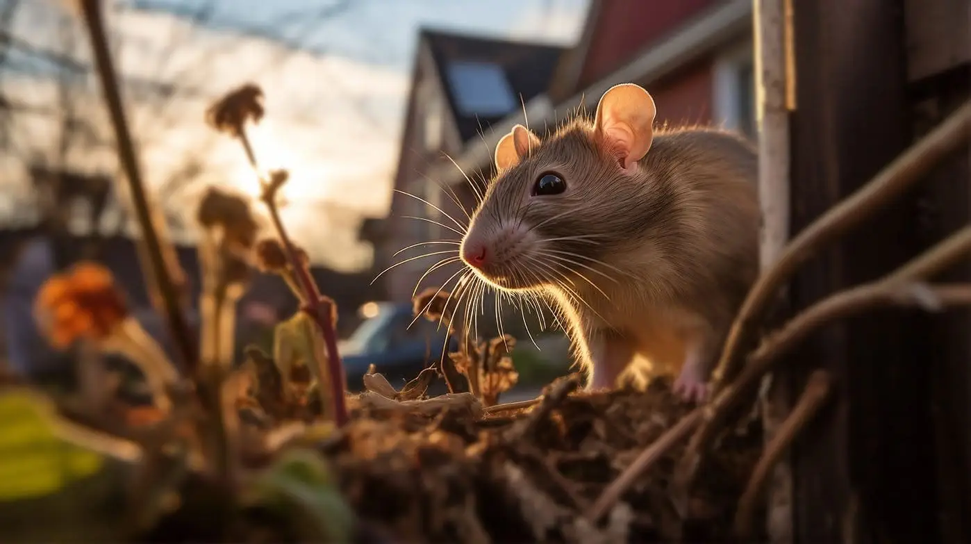 Rodent pest control in Beaconsfield homes, rat seeking shelter in garden area.