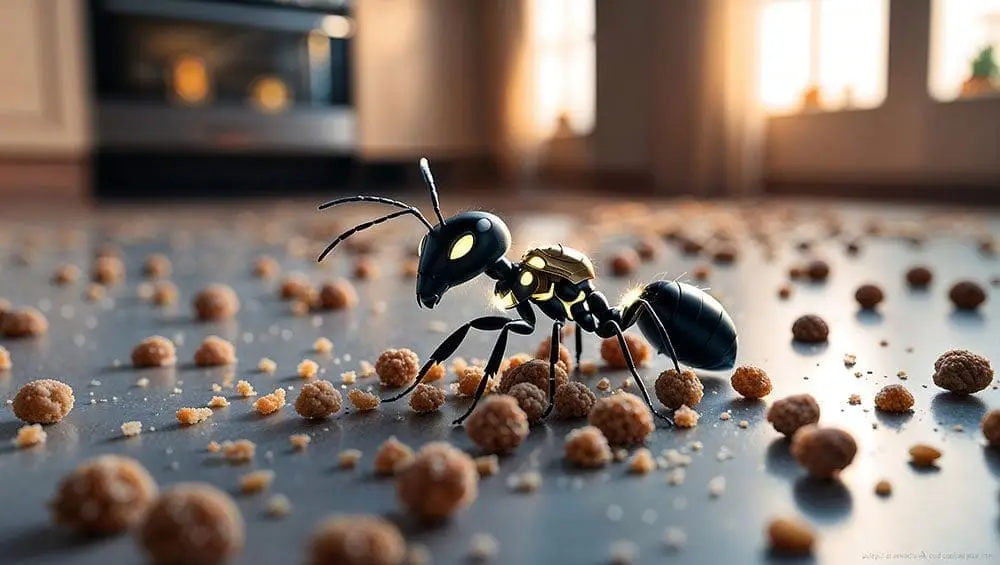 Robotic ant exploring kitchen floor crumbs, illustrating common ant infestations in Beaconsfield homes.