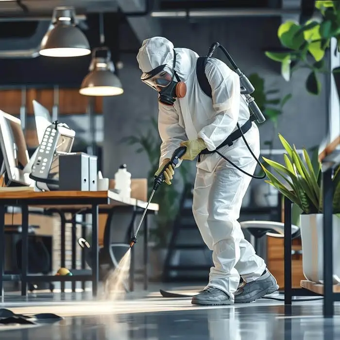 Pest control technician in protective suit spraying office environment for commercial pest management in Beaconsfield.