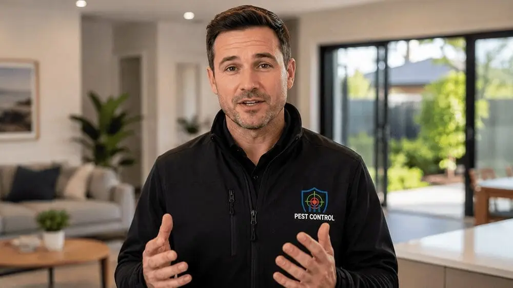 Melbuzz Pest Control technician in Melbourne, Australia, explaining winter pest control services for homes, addressing