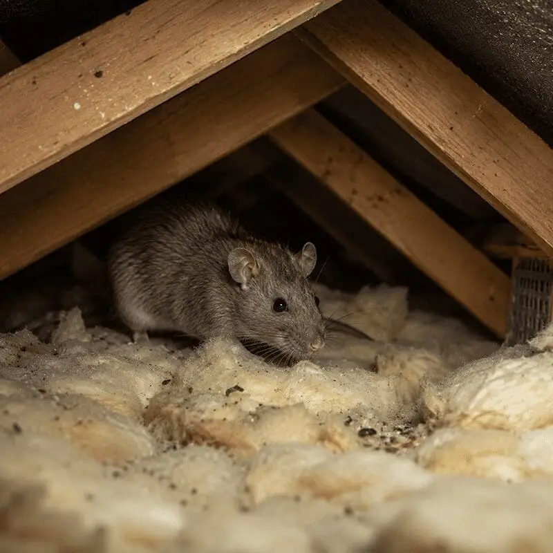A brown rat sits within an attic space, demonstrating a common winter pest problem