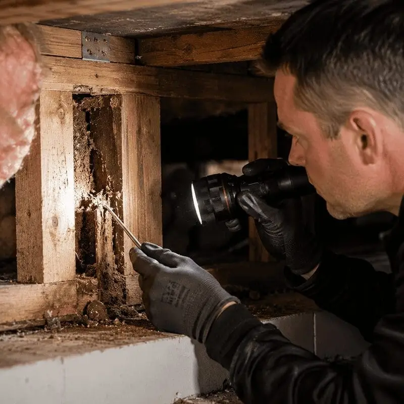 Melbuzz Pest Control technician inspecting a wooden structure with a flashlight, searching for signs