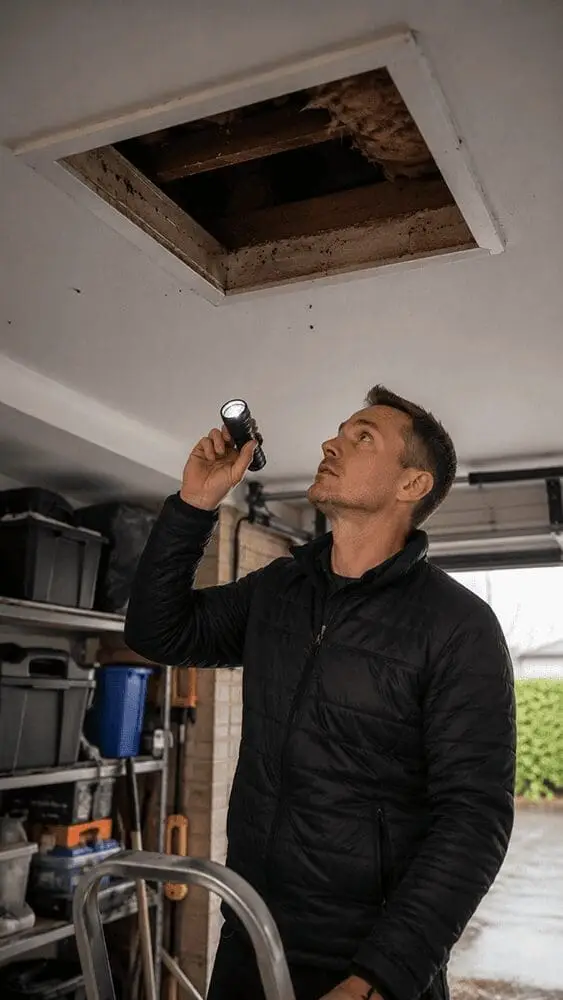 MelBuzz Pest Control technician inspecting a damaged ceiling in a garage, using a flashlight