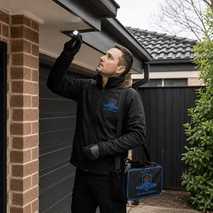 Melbuzz Pest Control technician inspecting a home exterior for winter pests in Melbourne, using