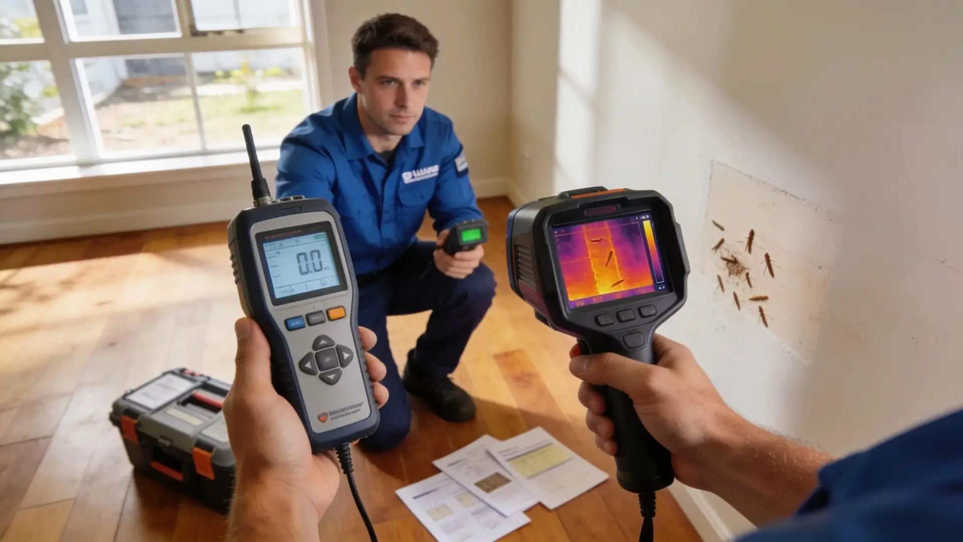 Inspector utilizing tools like moisture meter and thermal imaging camera during termite inspection