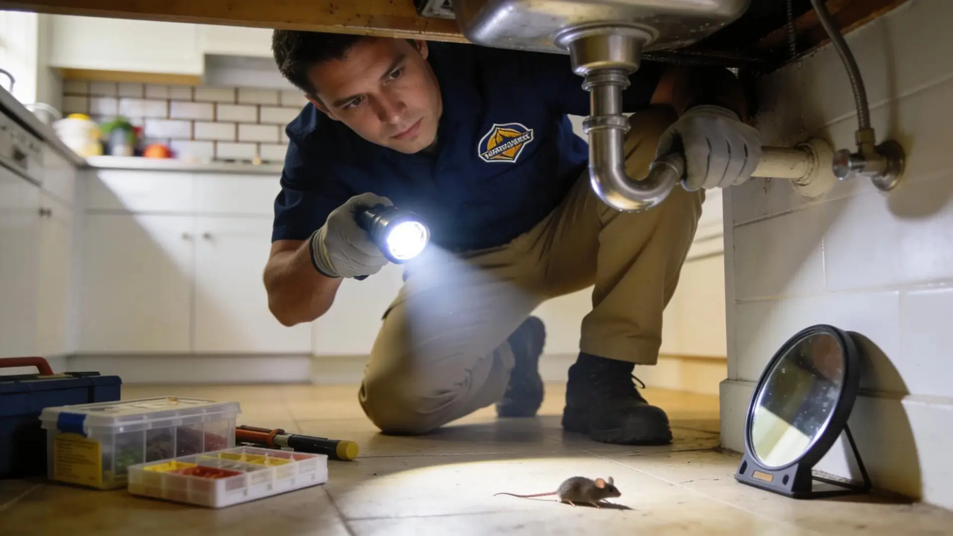 Pest control technician inspecting under sink for rodent activity in Melbourne home