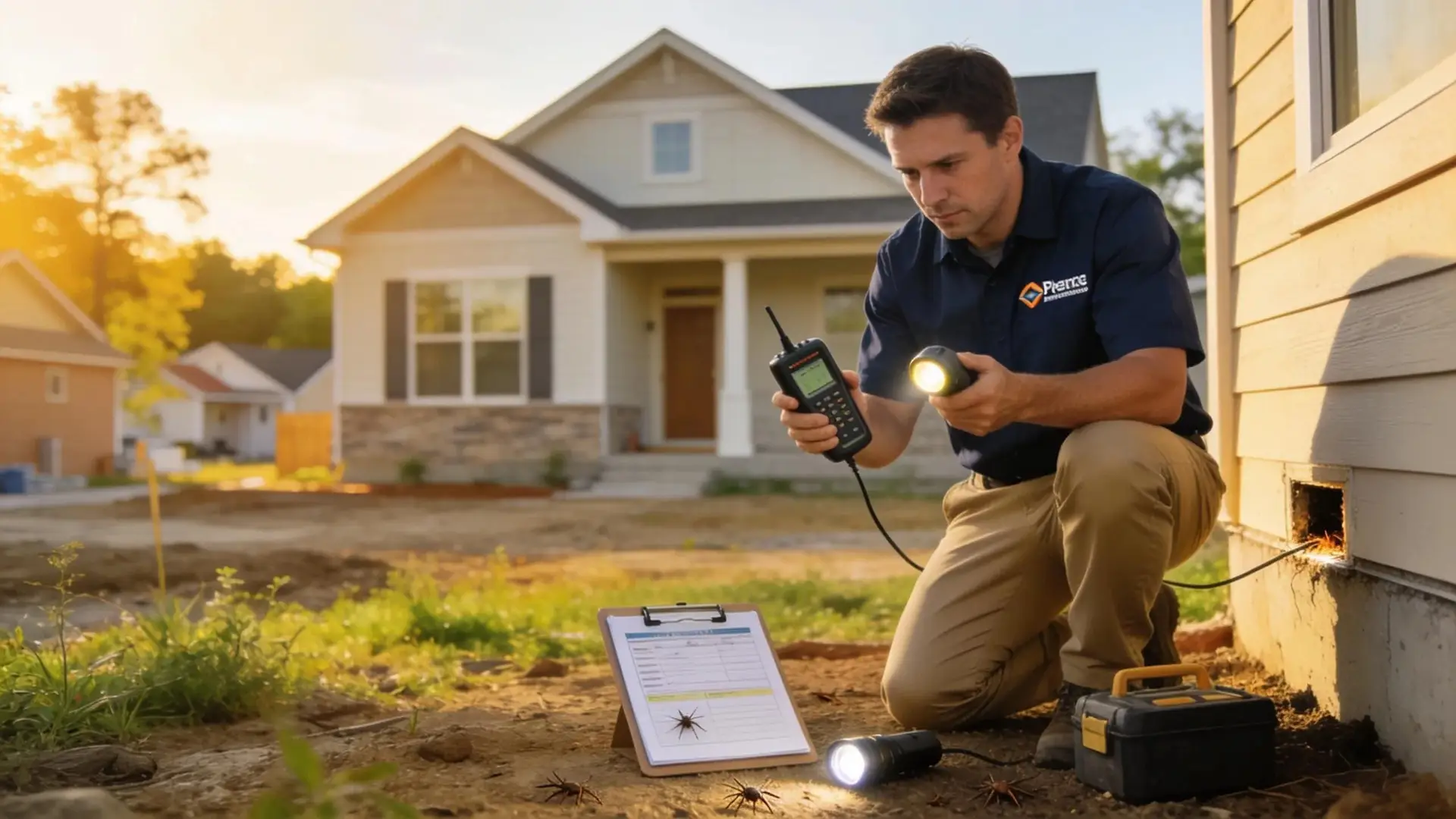 Pest control technician inspecting a new home in suburban Clyde North for pests