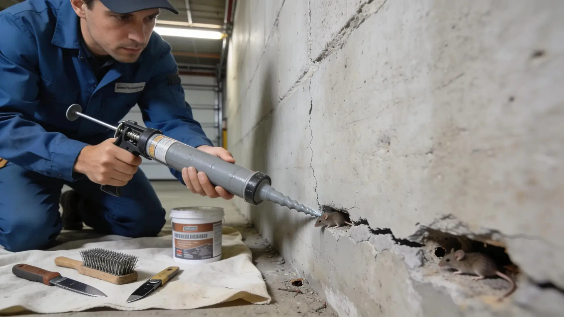 Close-up of rodent-proofing being applied in a commercial space, showcasing sealing materials and techniques