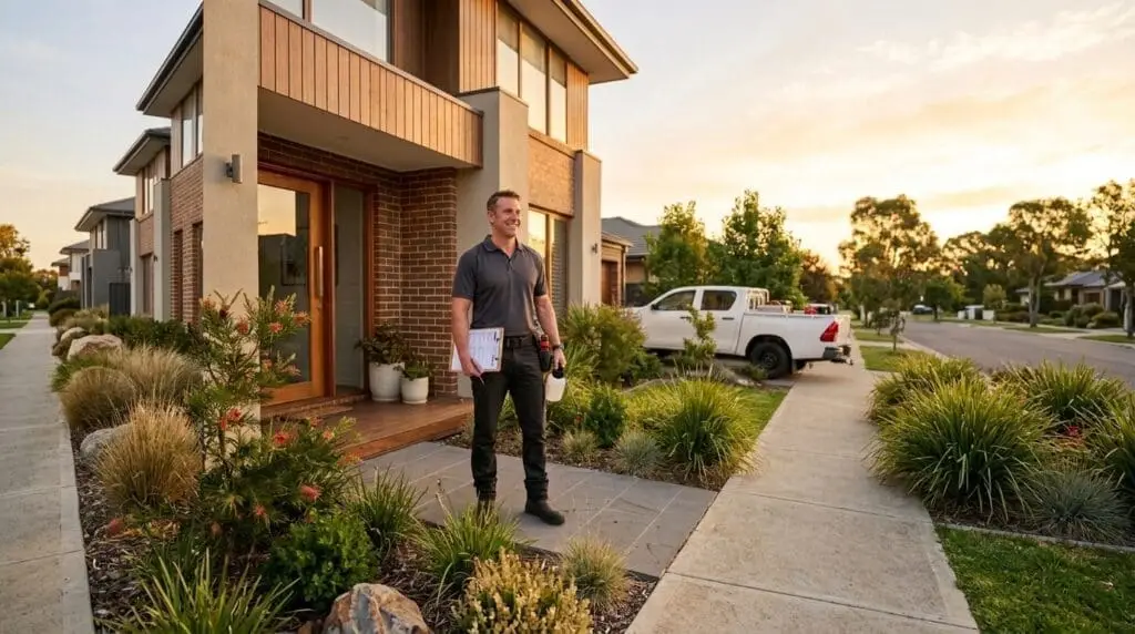 MelBuzz Pest Control technician assessing a Melbourne home for ant infestation, holding paperwork and standing