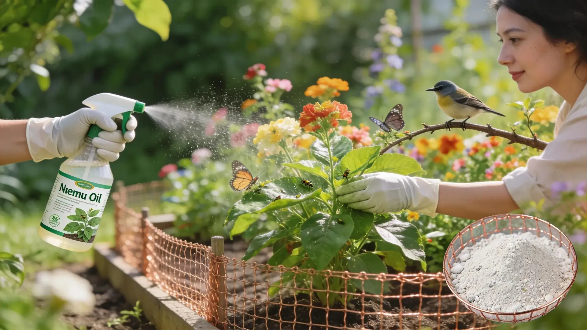 Eco-friendly pest control solutions displayed in a garden setting, highlighting safe and natural treatment options
