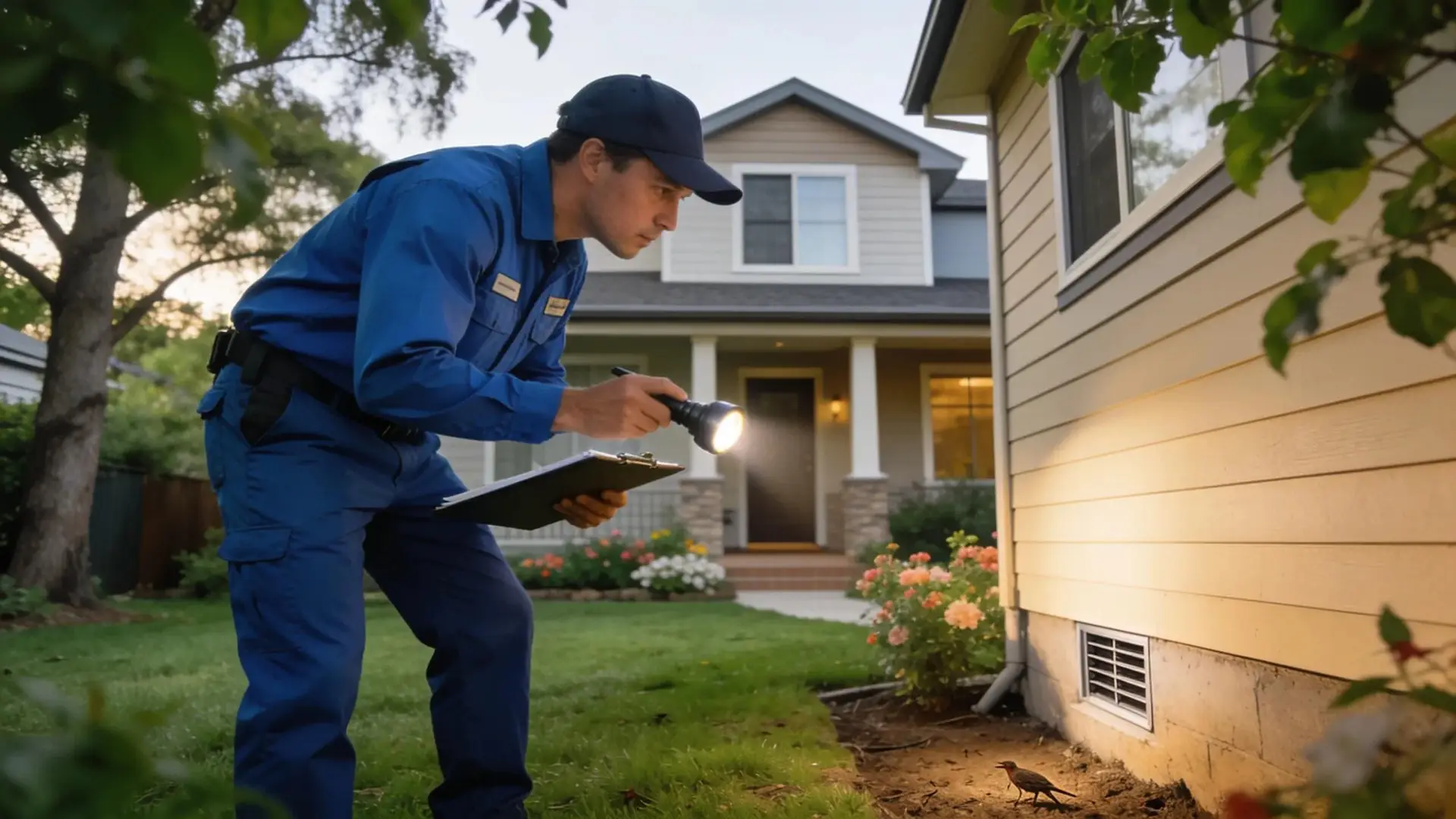 Pest control professional inspecting a newly built house in a suburban setting, emphasizing proactive pest management in Clyde