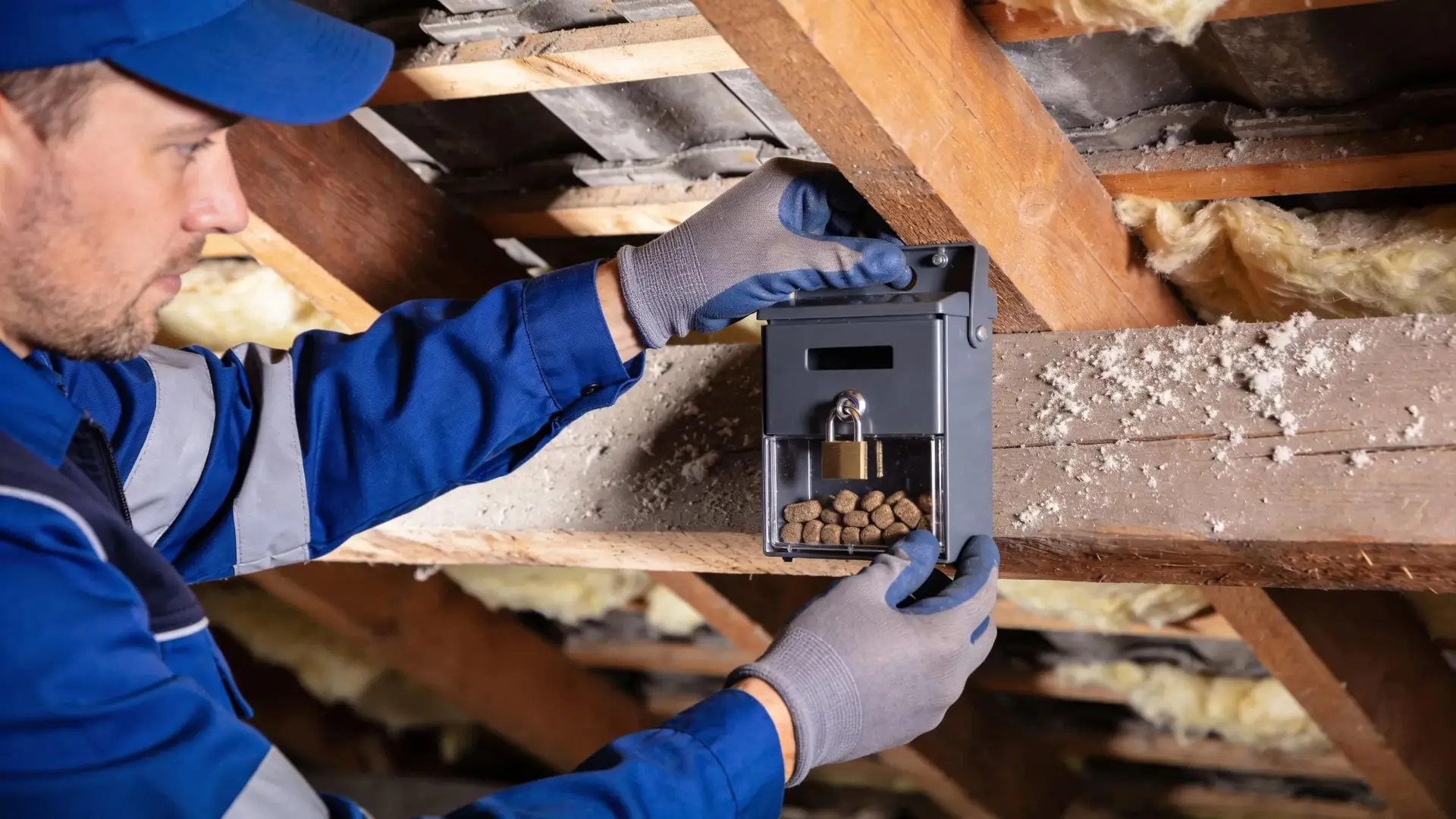 Technician installing tamper-proof bait stations in roof cavity