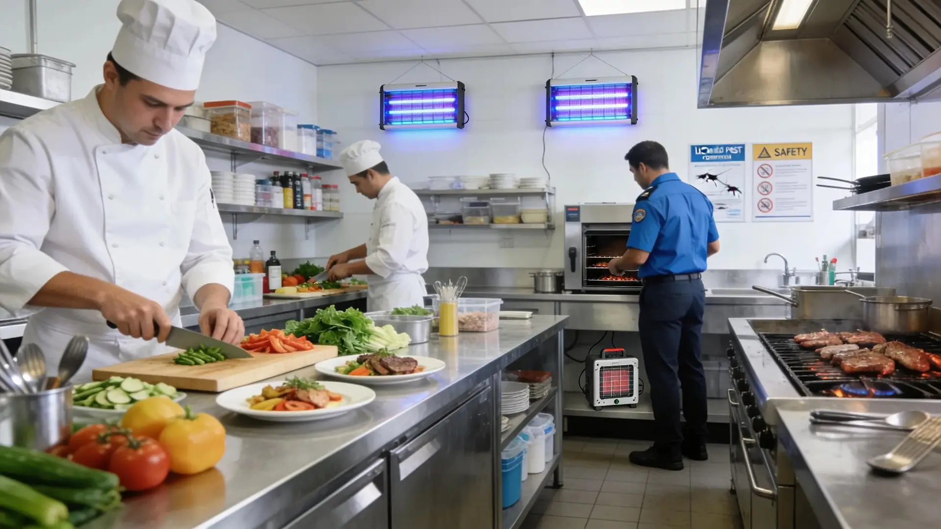 Commercial kitchen in Melbourne with chefs and pest control professional ensuring hygiene and safety