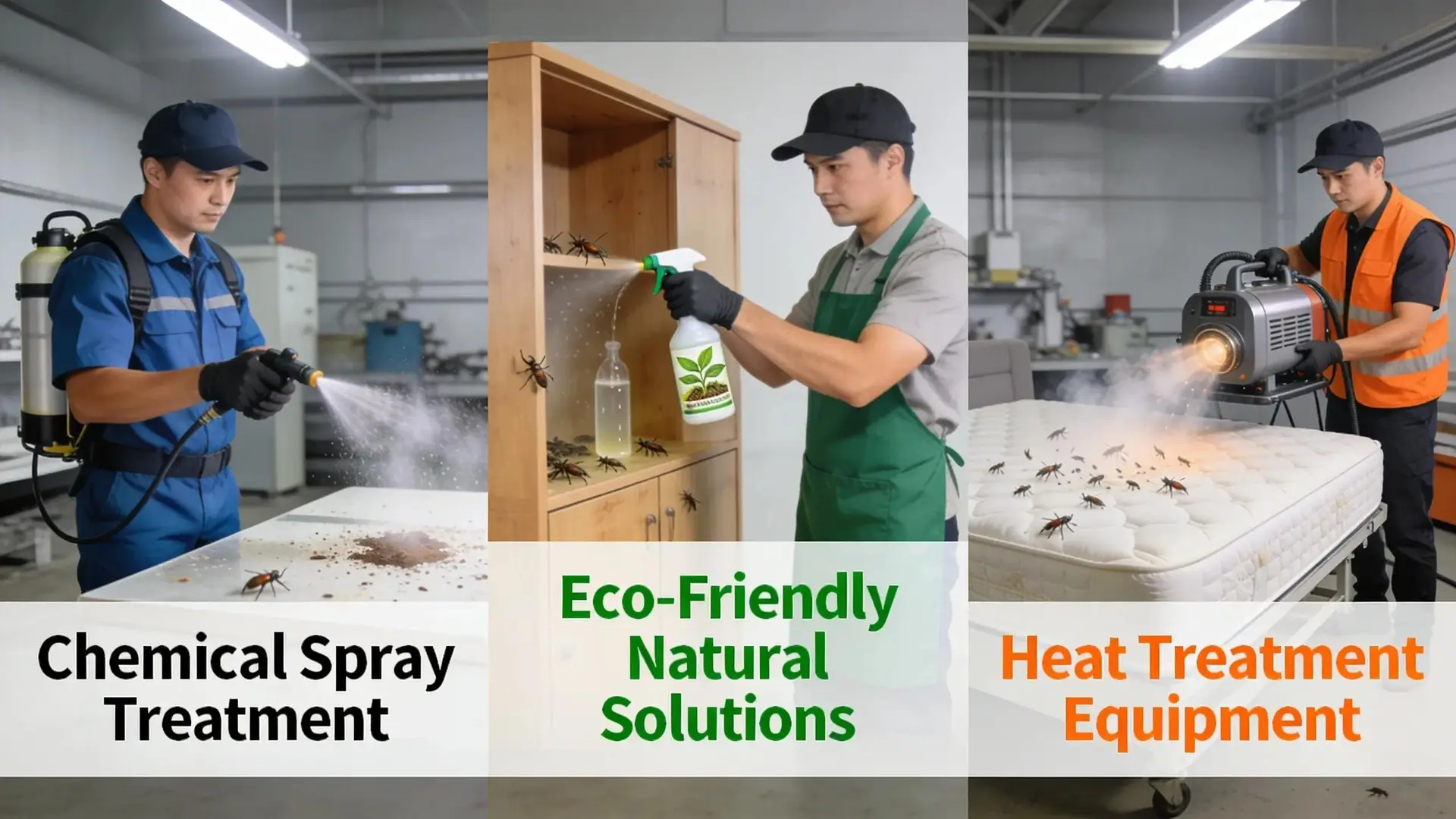 Various pest control treatment methods including chemical, eco-friendly, and heat options